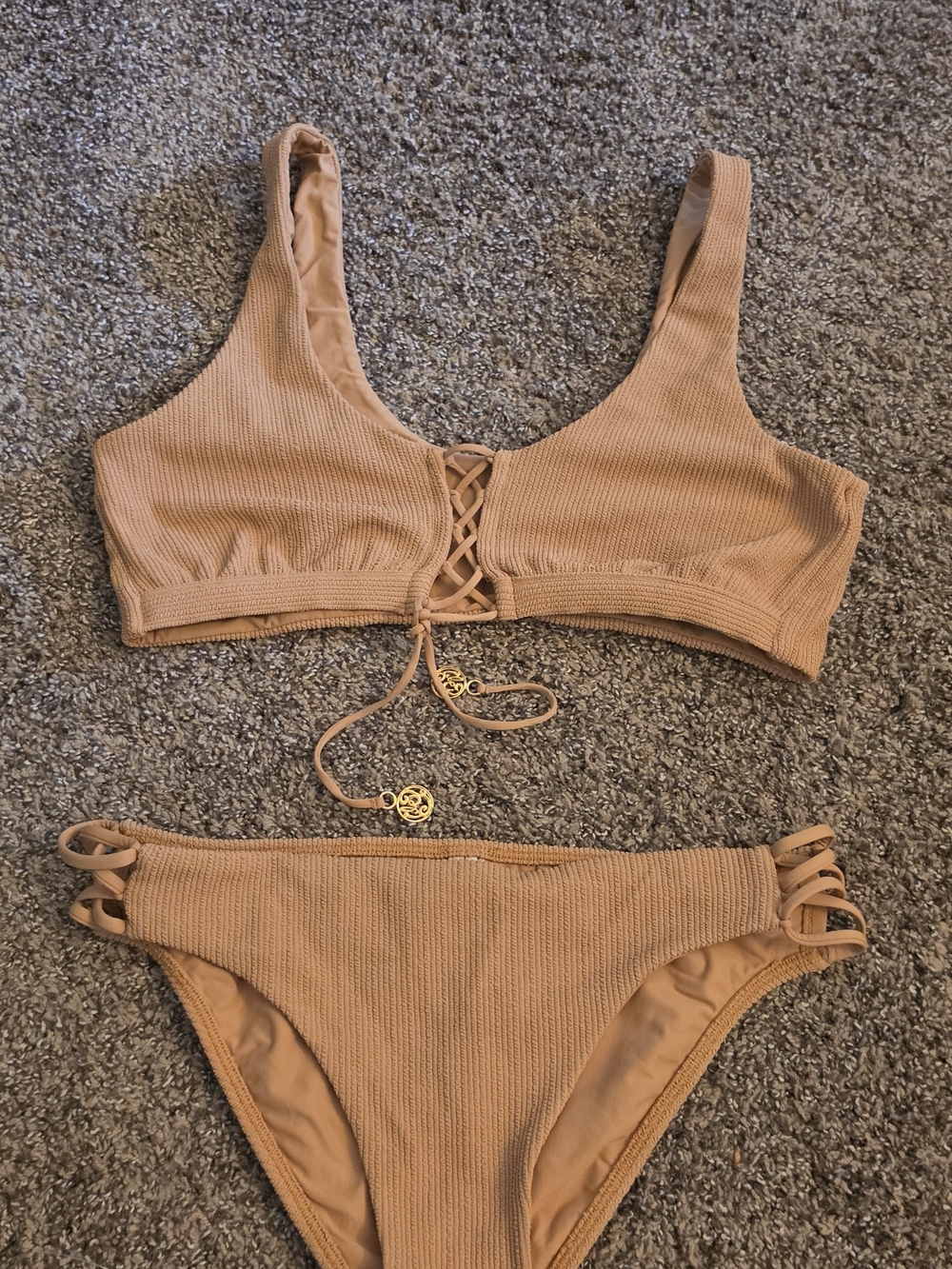 Luli Fama Ribbed Lace-Up Bandeau Bikini in Tan